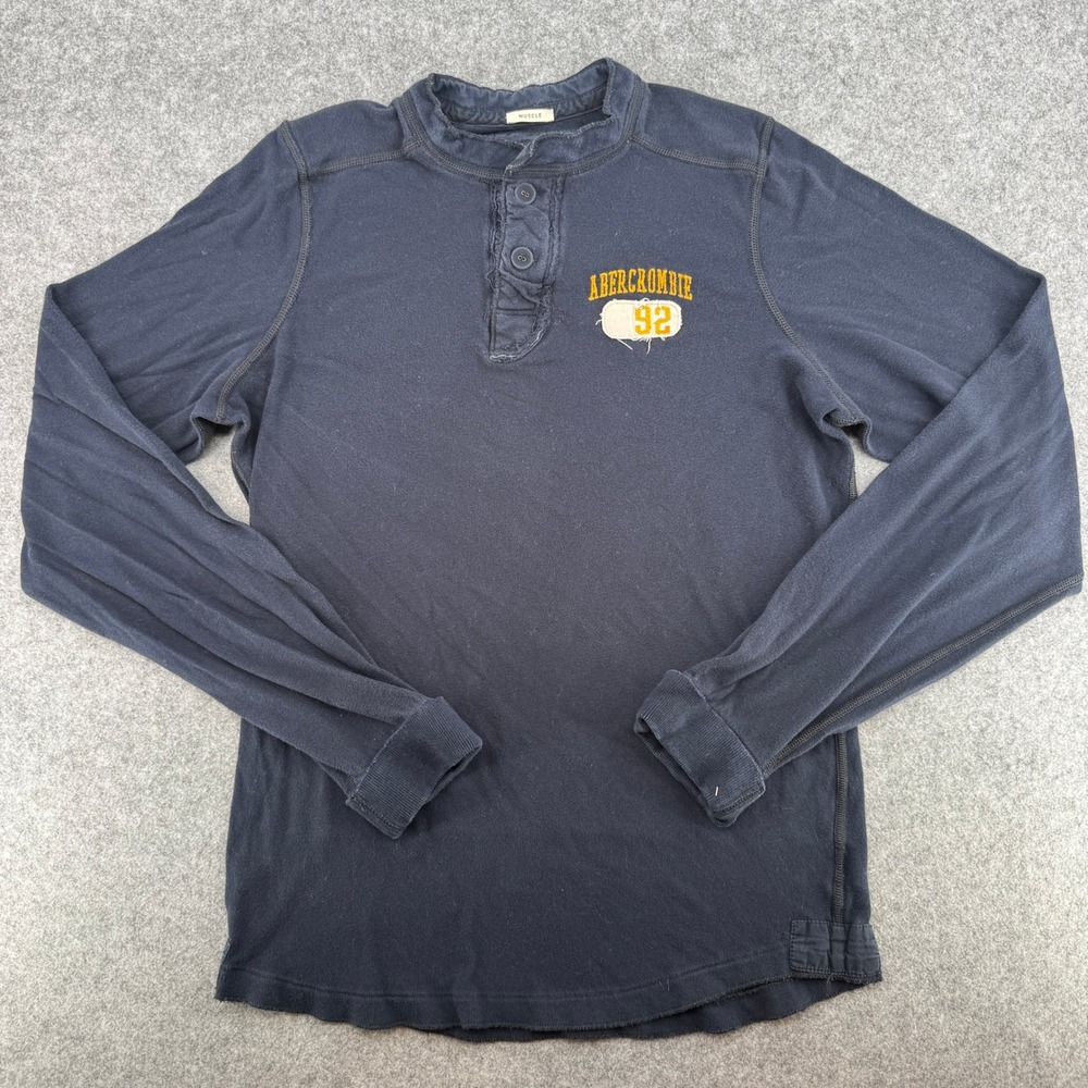 VTG Y2K Abercrombie & Fitch Henley Mens XL Muscle Fit Navy Blue Distressed Logo